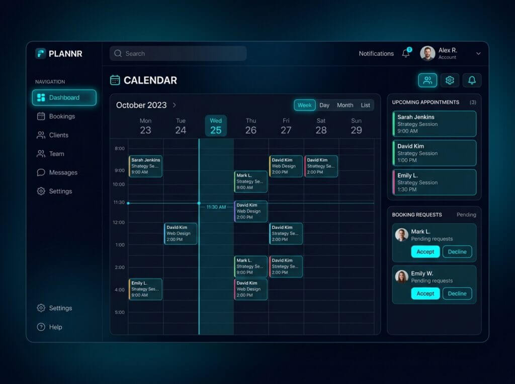 Application de gestion de calendrier et réservations avec planning hebdomadaire et confirmations