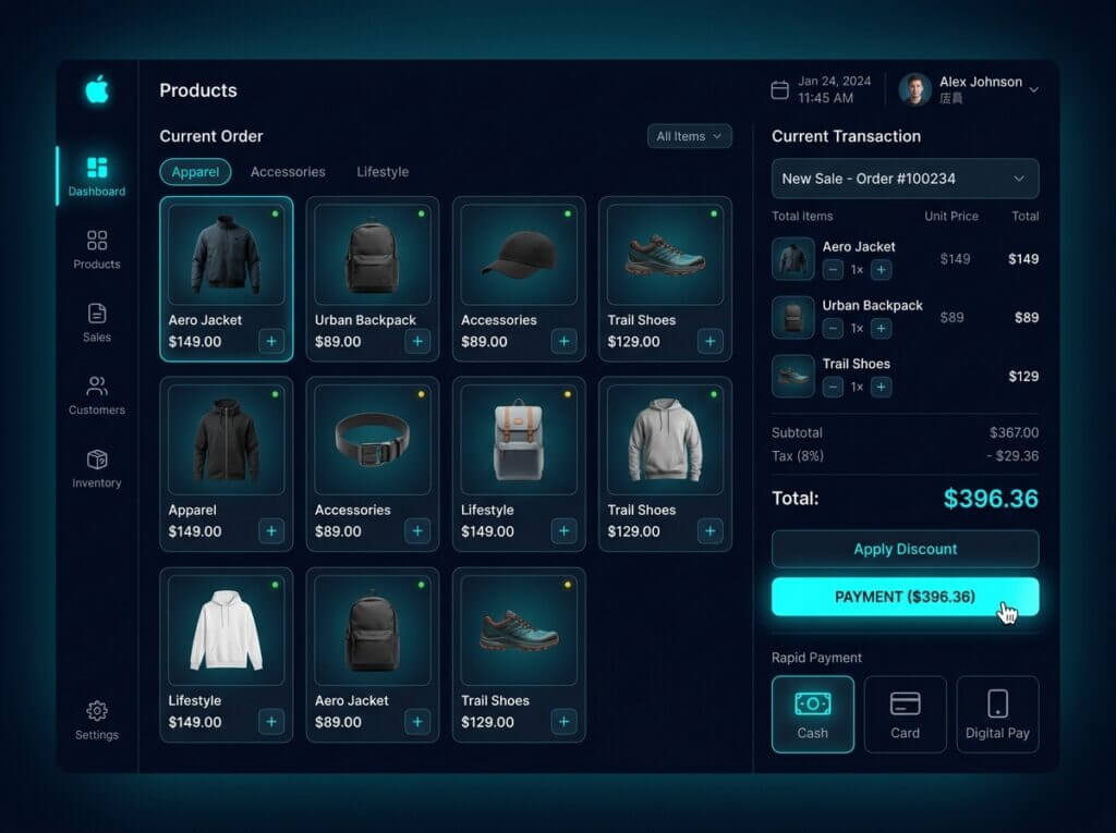 Système de point de vente POS avec catalogue produits, panier et paiement multi-méthodes