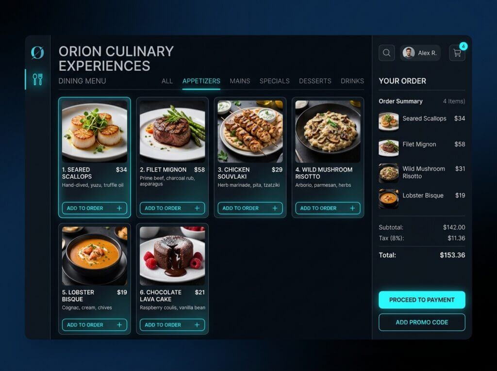 Interface de menu digital QR code pour restaurant avec commande en ligne et résumé de panier